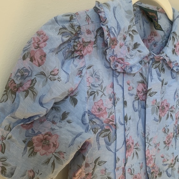 PETER Pan Collar Floral Short Sleeve Buttondown Blouse 100% Cotton Size 2 - Picture 4 of 14